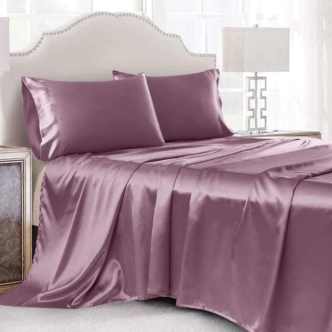 Mulberry Silk Satin Elastic Fitted 30" Dp & Flat Sheet with 2 Pillow Covers
