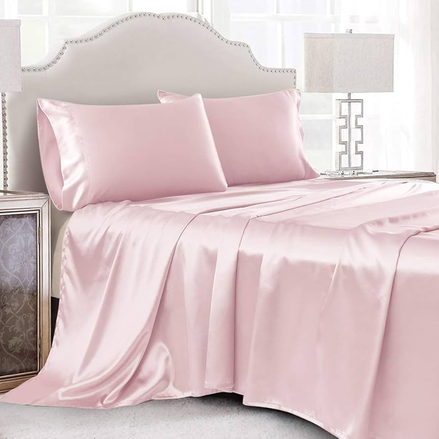 Mulberry Silk Satin Elastic Fitted 15" Dp & Flat Sheet with 2 Pillow Covers
