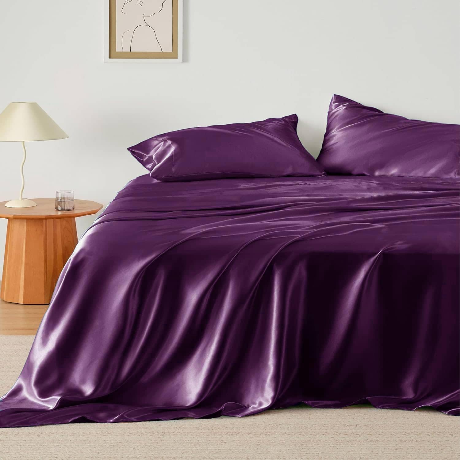 Mulberry Silk Satin Elastic Fitted 15" Dp & Flat Sheet with 2 Pillow Covers
