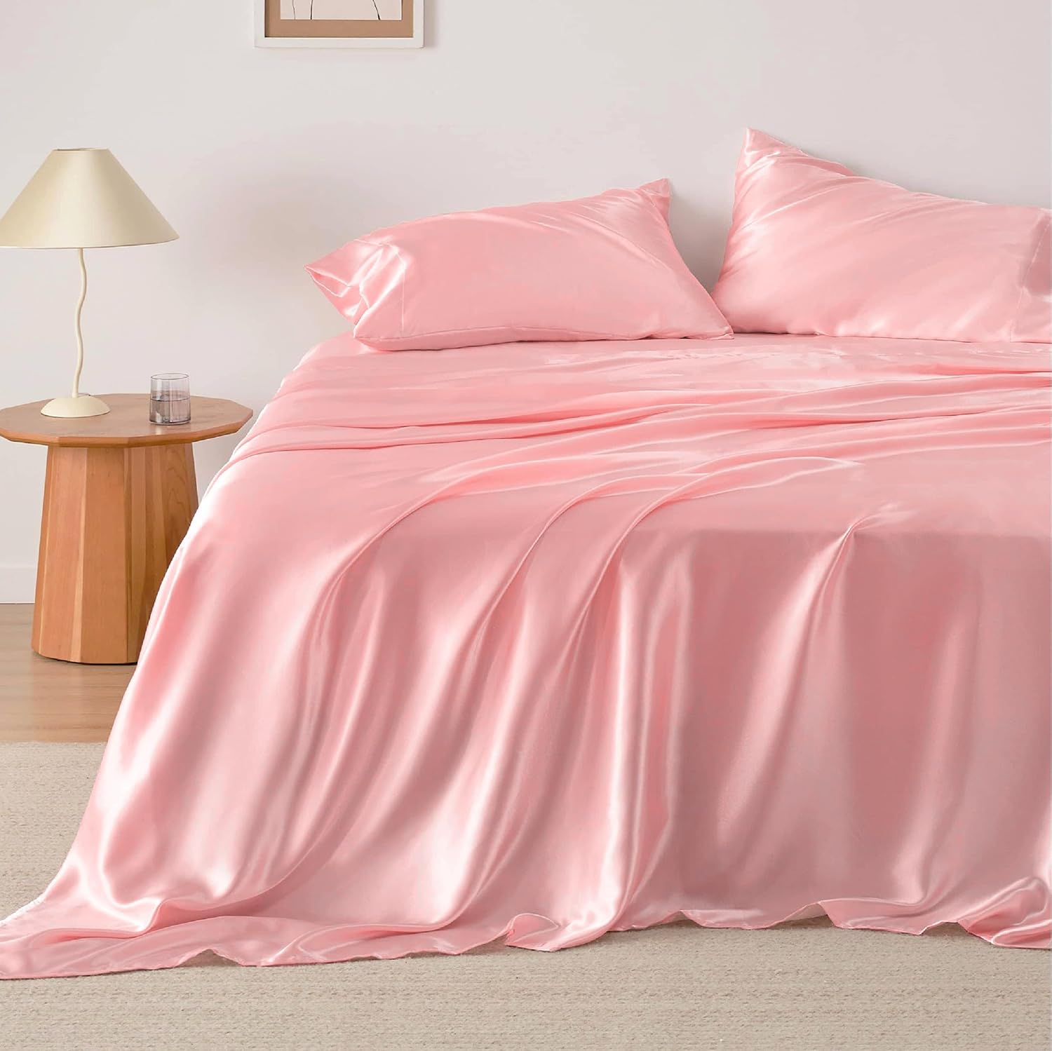 Mulberry Silk Satin Elastic Fitted 15" Dp & Flat Sheet with 2 Pillow Covers