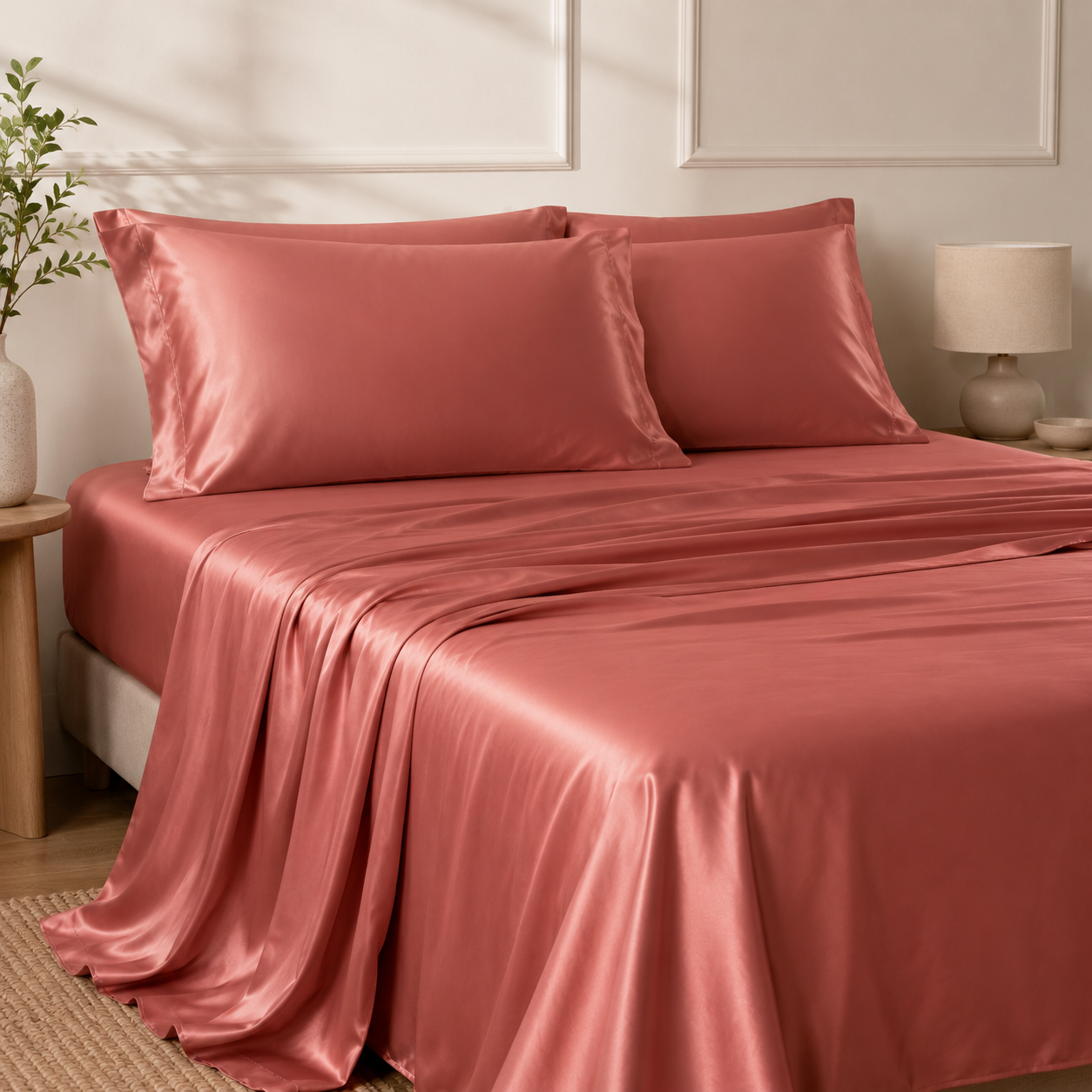 Mulberry Silk Satin Elastic Fitted 15" Dp & Flat Sheet with 2 Pillow Covers